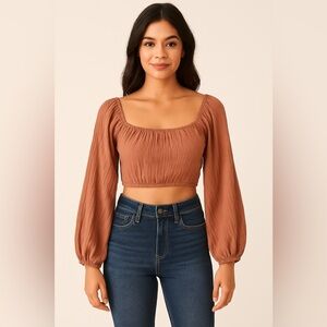 PrettyLittleThing Stone Crinkly Fabric Balloon Sleeve Crop Top Size 4